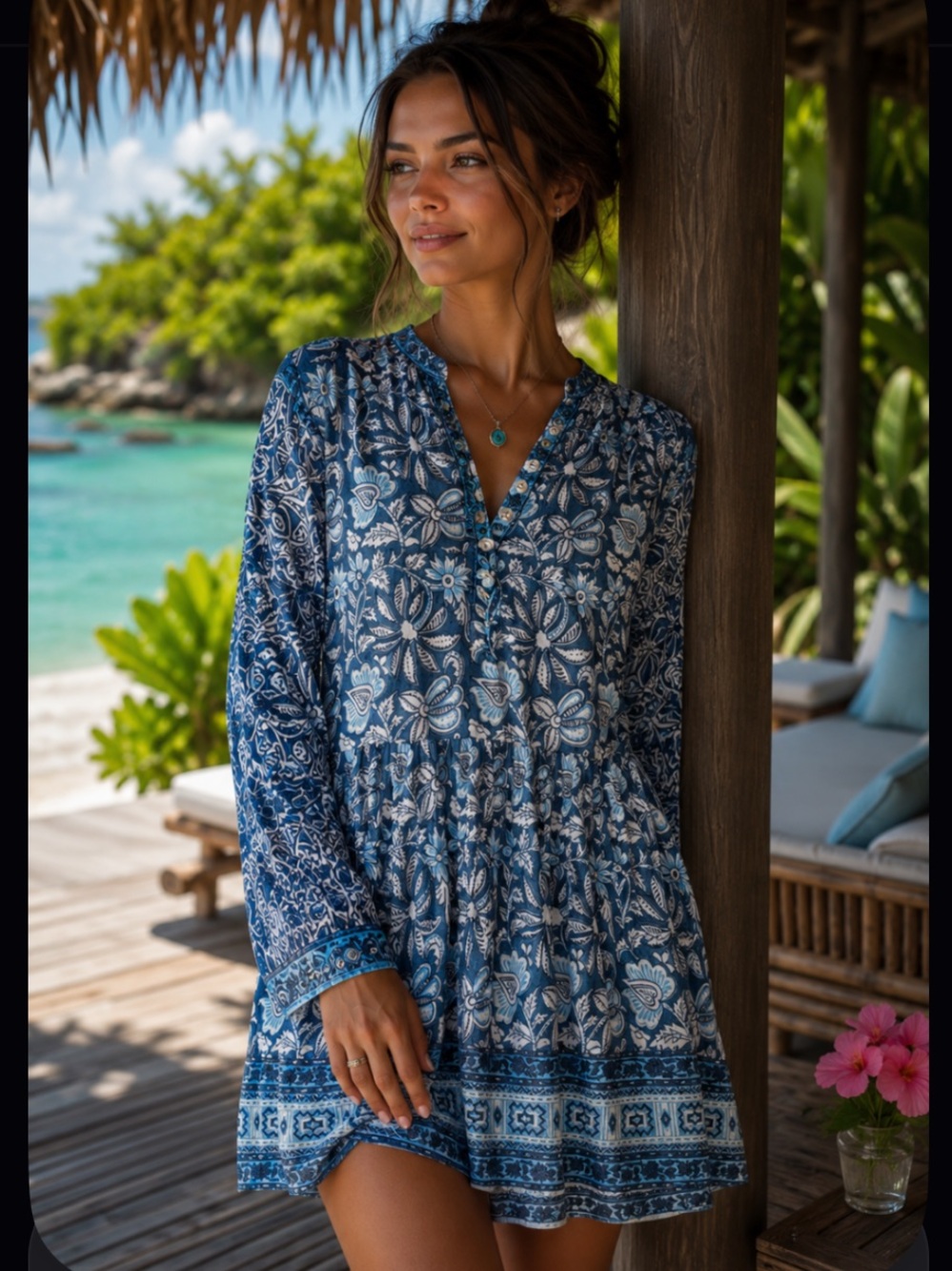 Rare Bella tu tunic boho blue ruffle mini dress rare summer blouson sparkle $256